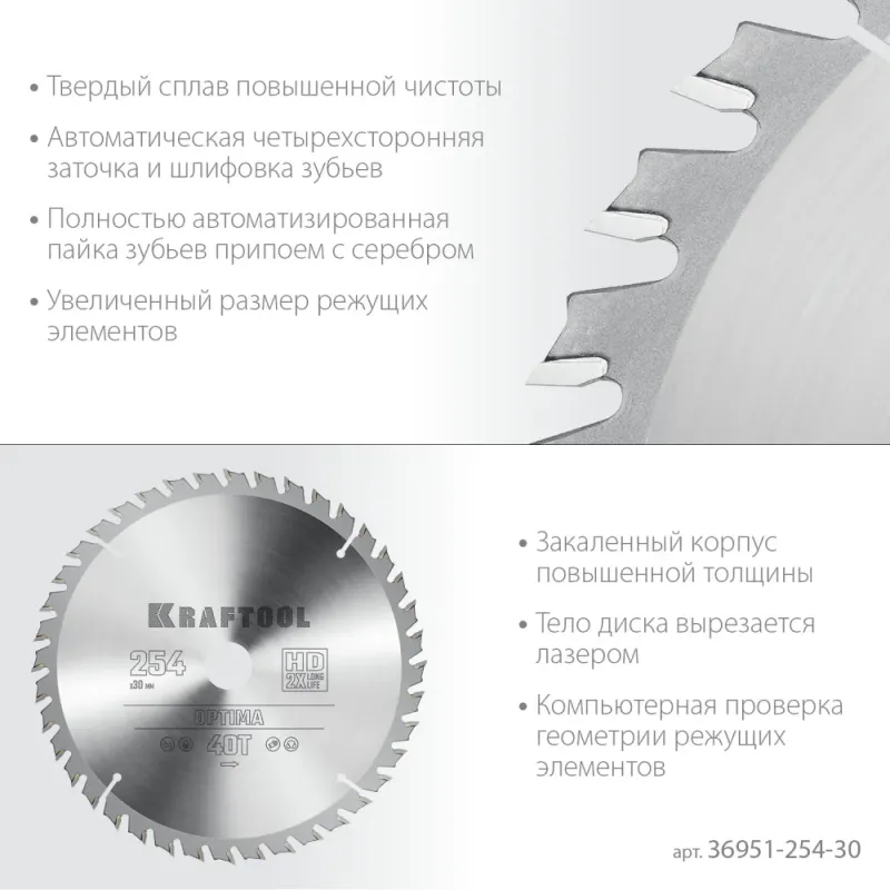 KRAFTOOL Optima, 254 х 30 мм, 40Т, пильный диск по дереву (36951-254-30)