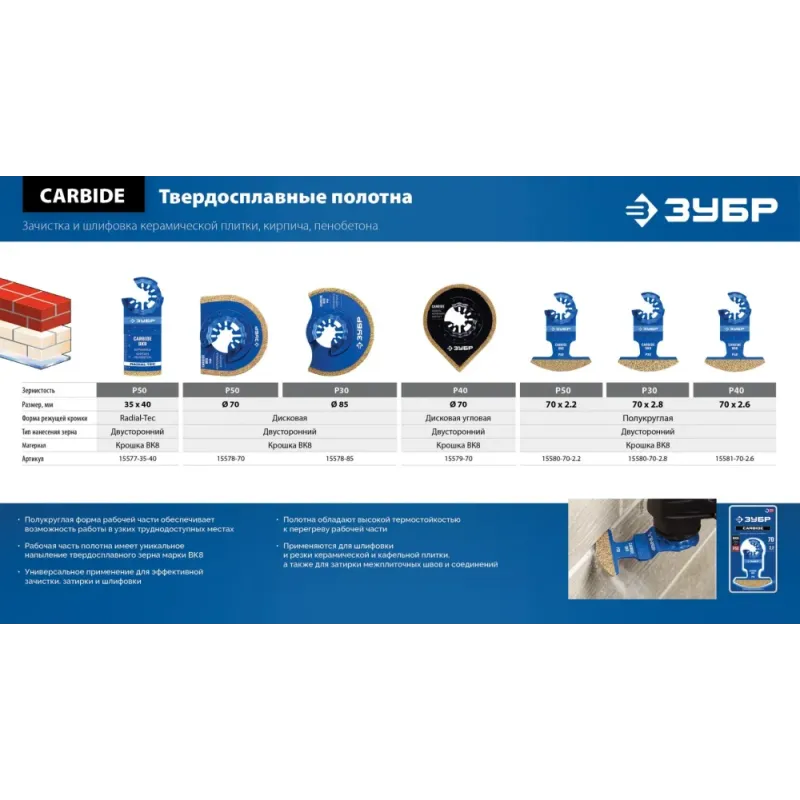 ЗУБР CARBIDE ВК8 Р30, 70x2.8 мм полотно с твердосплавной крошкой: керамика, кирпич, пенобетон, StarQuick (15580-70-2.8)