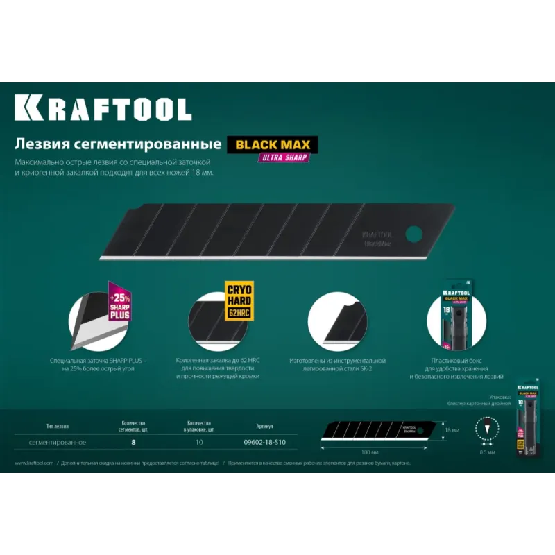 KRAFTOOL 18 мм, 10 шт, сегментированные лезвия (09602-18-S10)