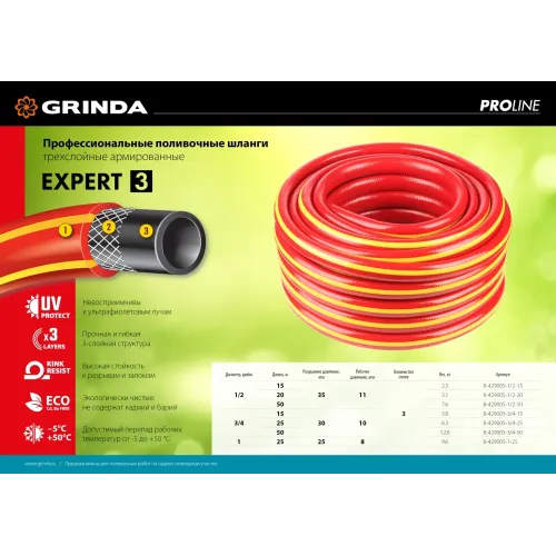 GRINDA EXPERT 3, 1/2″, 15 м, 35 атм, трёхслойный, армированный, поливочный шланг, PROLine (8-429005-1/2-15)