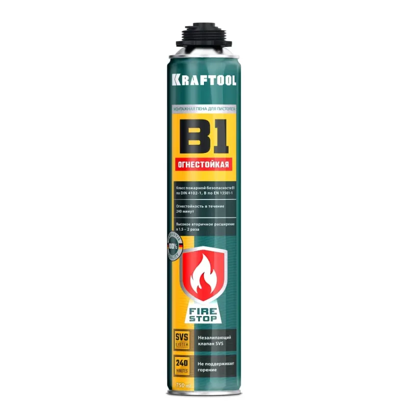 KRAFTOOL FIRE STOP B1, 750 мл, пистолетная, огнестойкая, не залипающий клапан, 240°С, SVS, выход до 51 л, монтажная пена (41186)