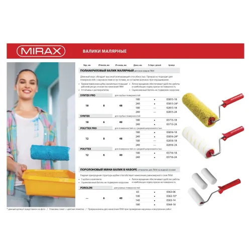 MIRAX ПОРОЛОН, 40 х 140 мм, бюгель 6 мм, 3 шубки + ручка, для водорастворимых ЛКМ, малярный валик в наборе (0363-14)