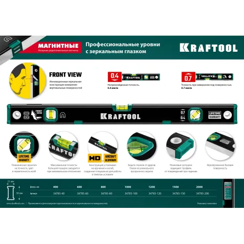 KRAFTOOL 800 мм, усиленный профиль, с зеркальным глазком, магнитный уровень (34785-80)
