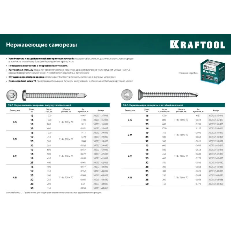 KRAFTOOL DS-C, 32 х 4.8 мм, А2, сверло, потайная головка, ТХ25, 250 шт, саморез нержавеющий (300932-48-032)