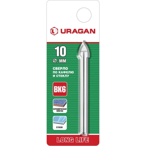 URAGAN 10 мм, 2х кромка, цилиндр хвостовик, Сверло по стеклу и кафелю (29830-10)