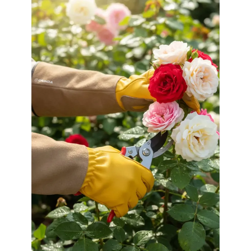GRINDA ROSE, M (8), кожаные садовые перчатки для колючих кустарников с увеличенной крагой, усиленная ладонь и кончики пальцев, PRO Line (11303-M)
