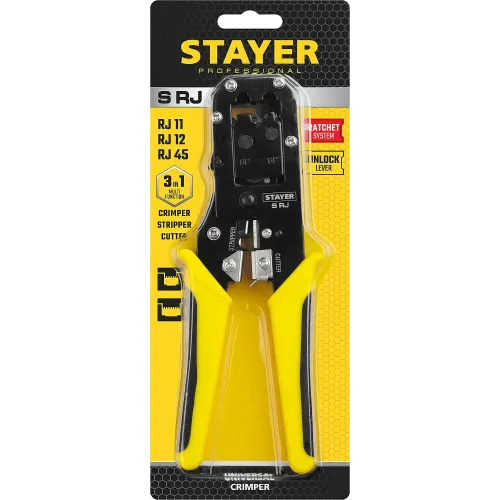 STAYER S-RJ, (RJ45, RJ11, RJ12), храповый механизм, универсальный кримпер (22652)