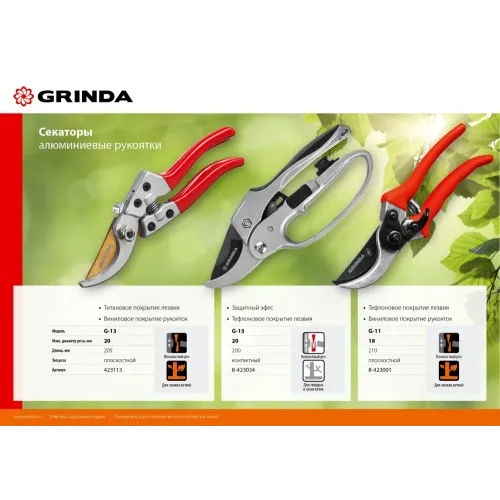 GRINDA G-13, 205 мм, закаленные лезвия, титановое покрытие, алюминиевые рукоятки, плоскостной секатор (423113)