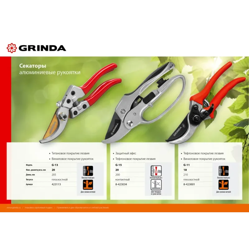 GRINDA G-13, 205 мм, закаленные лезвия, титановое покрытие, алюминиевые рукоятки, плоскостной секатор (423113)