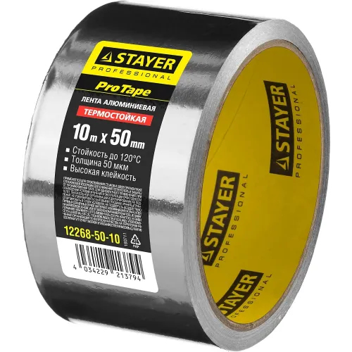 STAYER ProTape, 50 мм, 10 м, до 120 °С, самоклеящаяся алюминиевая лента, Professional (12268-50-10)
