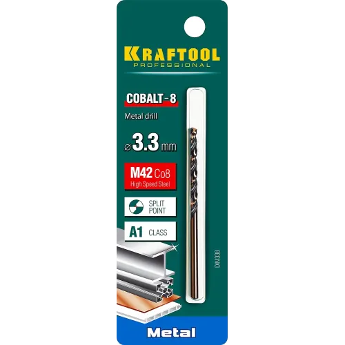 KRAFTOOL COBALT-8, 3.3 х 65 мм, сталь М42, HSS-Co(8%), сверло по металлу (29656-3.3)