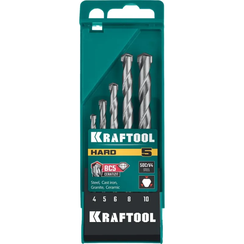 KRAFTOOL Hard, 5 шт: 4-5-6-8-10 мм, набор сверл по по твёрдым материалам (29177-H5)