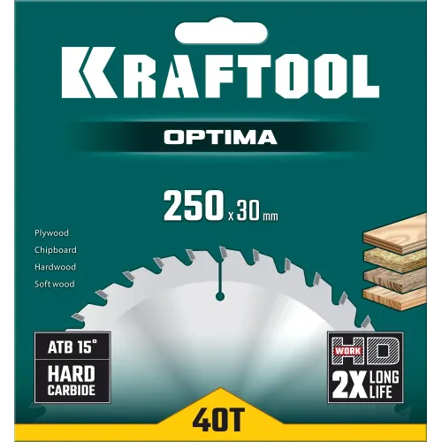 KRAFTOOL Optima, 250 х 30 мм, 40Т, пильный диск по дереву (36951-250-30)