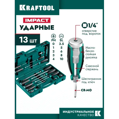 KRAFTOOL IMPACT 13 шт, сквозной стержень Cr-Mo, набор ударных отверток (25035)