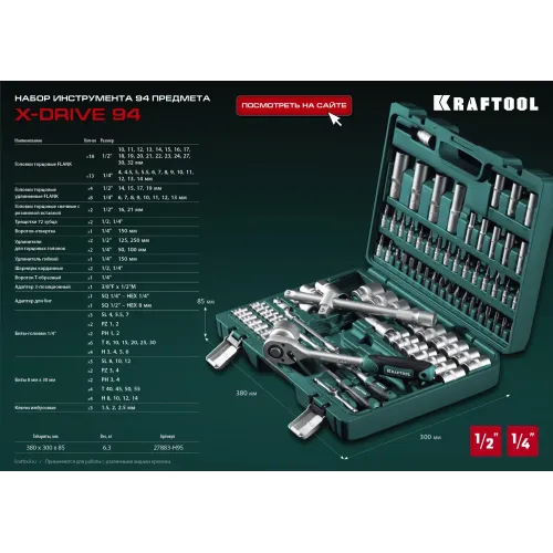KRAFTOOL X-Drive 94, 94 предм., (1/2″+1/4″), универсальный набор инструмента (27883-H95)