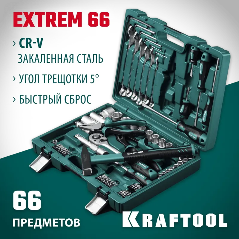 KRAFTOOL EXTREM-66, 66 предм., (1/2″+1/4″), универсальный набор инструмента (27976-H66)