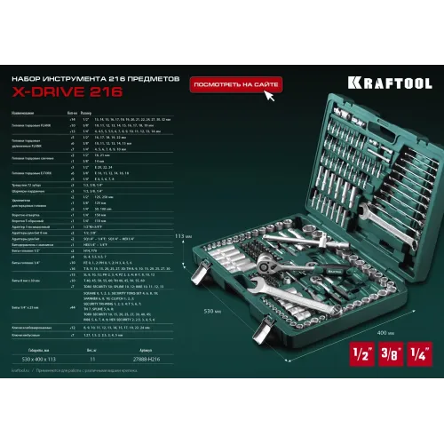 KRAFTOOL X Drive, 216 предм., (1/2″+3/8″+1/4″), универсальный набор инструмента (27888-H216)