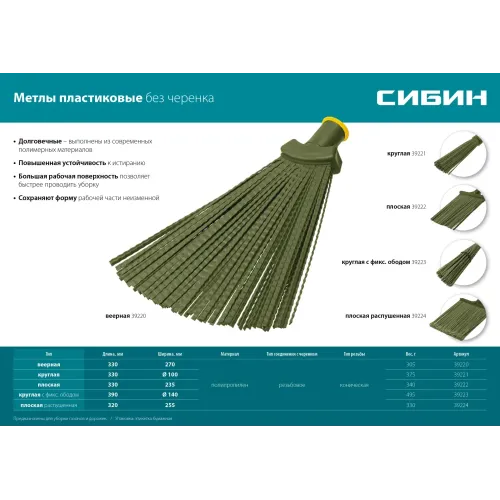 СИБИН 380 х 240 мм, полипропилен, коническое резьбовое соединение, плоская, веерная, пластиковая метла (39220)