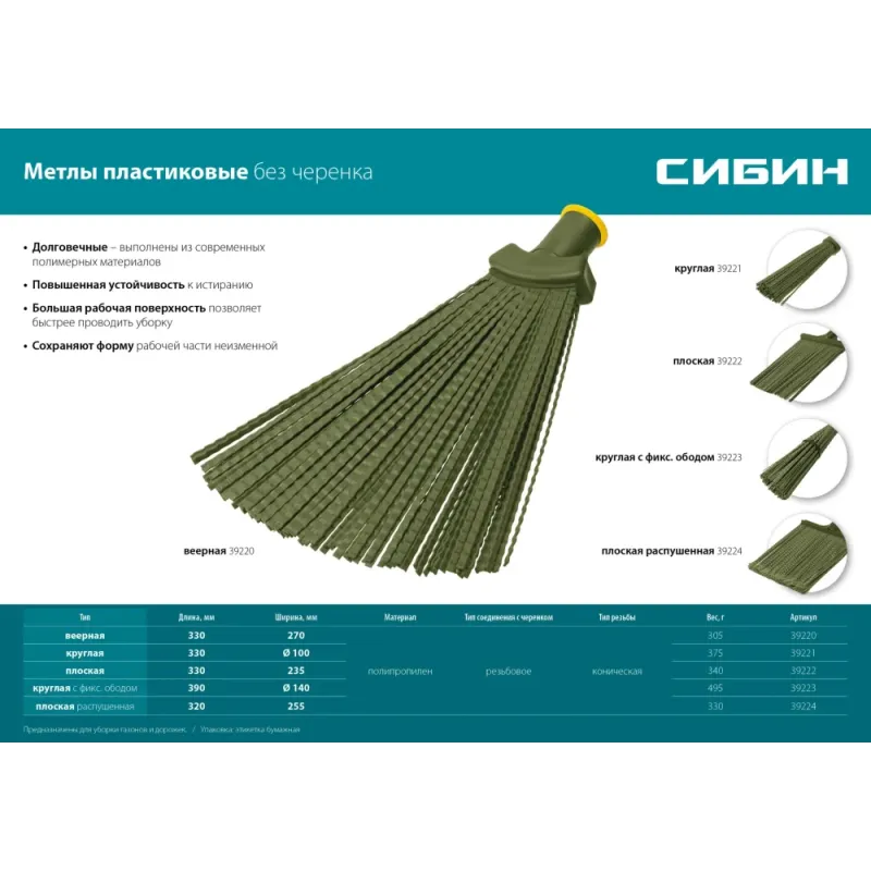 СИБИН 380 х 240 мм, полипропилен, коническое резьбовое соединение, плоская, веерная, пластиковая метла (39220)