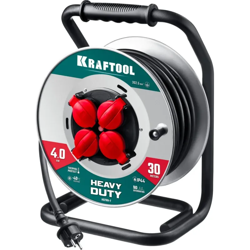 KRAFTOOL HEAVY DUTY 4.0, КГ 3х2.5 30м 4000Вт IP44, силовой удлинитель на стальной катушке (55086-30)