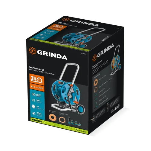 GRINDA HCK-25, шланг 25м x 1/2″, поливочный набор 4 предмета, усиленные колеса, телескопическая ручка, катушка со шлангом в комплект ProLine (428461)