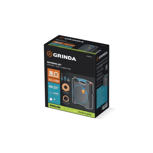 GRINDA COMPACT, шланг 10м x 5/16″ в пластиковом корпусе, поливочный набор 4 предм., соединит. шланг 1/2″х1,5м, набор поливочный мини ProLine (428480)