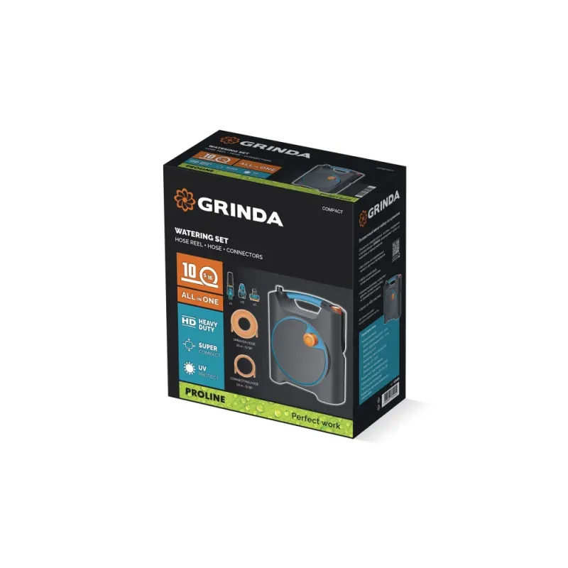 GRINDA COMPACT, шланг 10м x 5/16″ в пластиковом корпусе, поливочный набор 4 предм., соединит. шланг 1/2″х1,5м, набор поливочный мини ProLine (428480)