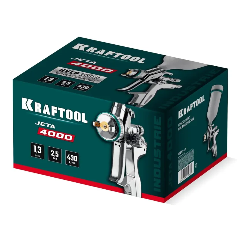 KRAFTOOL JETA 4000, HVLP, 1.3 мм, пневматический краскопульт с верхним бачком (06555-1.3)