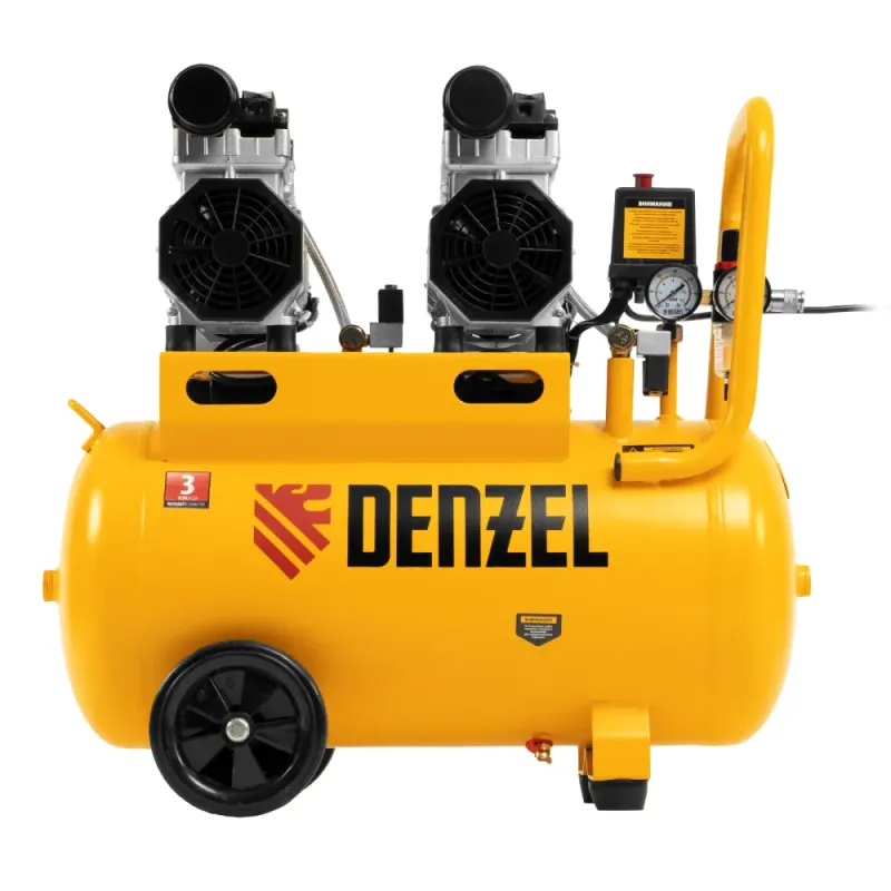 Компрессор безмасляный, малошумный DLS 1500/50, 1500 ВТ, 2x750, 50 л, 260 л/мин Denzel
