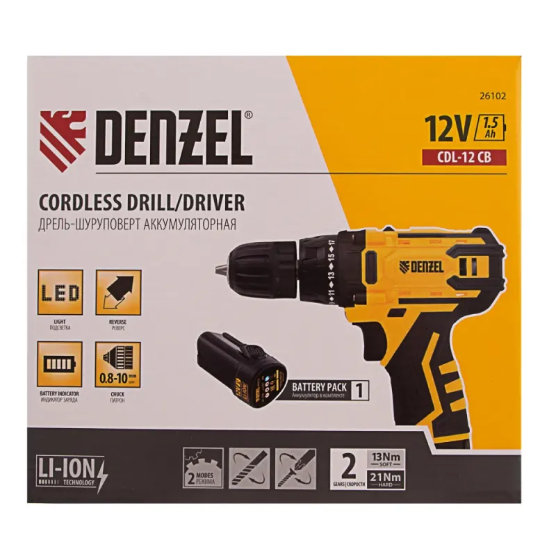 Дрель-шуруповерт аккумуляторная CDL-12CB, Li-Ion, 12 В, 1 акк. Denzel