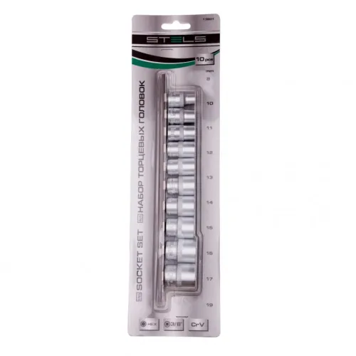 Набор торцевых головок 3/8", 6-ти гр., CrV, 10шт., 8-19мм Stels