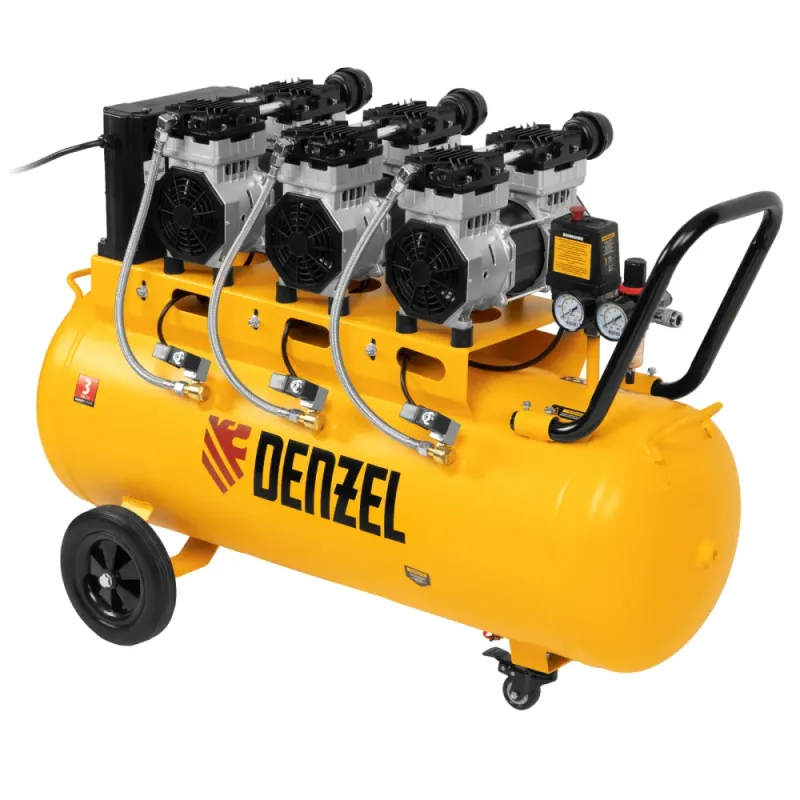 Компрессор безмаслянный малошумный DLS 2250/100, 2250 Вт, 3х750, 100 л, 410 л/мин блок упр Denzel