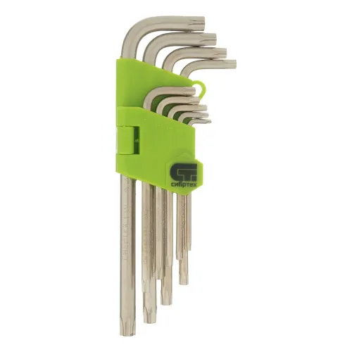 Набор ключей имбусовых Tamper-Torx, 9 шт., TT10-ТT50, 45x, закаленные, удлиненные, никель Сибртех