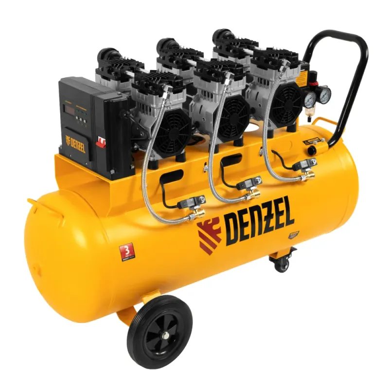 Компрессор безмаслянный малошумный DLS 2250/100, 2250 Вт, 3х750, 100 л, 410 л/мин блок упр Denzel