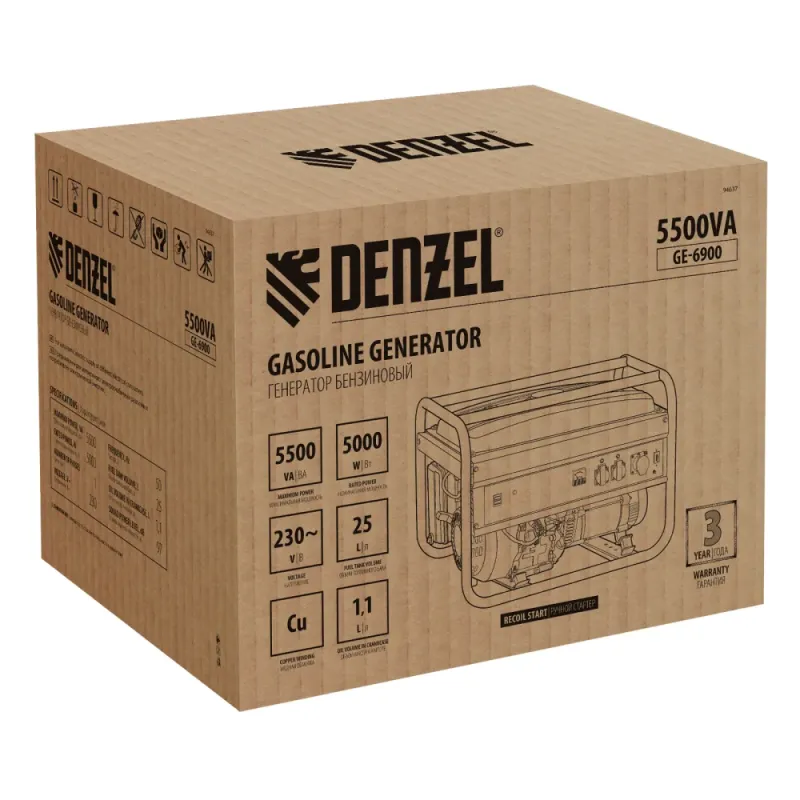 Генератор бензиновый GE-6900, 5,5 кВт, 220В/50Гц, 25 л, ручной старт Denzel