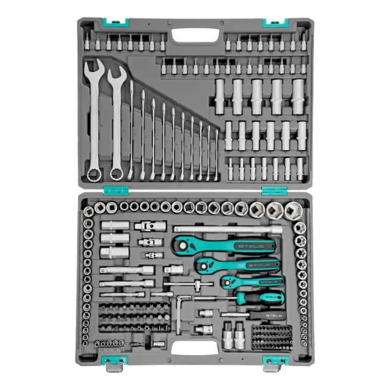 Набор инструментов, 1/4", 3/8", 1/2", Cr-V, S2, усиленный кейс, 216 предметов Stels