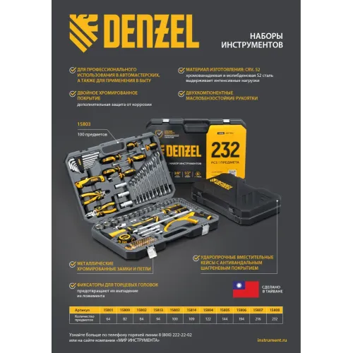 Набор инструментов, 1/2", 1/4", 3/8", CrV, S2, пластиковый кейс, 144 предмета Denzel