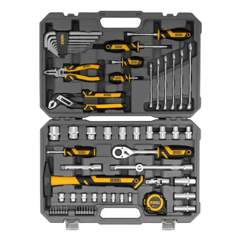 Набор инструментов, 1/2", 1/4", CrV, S2, пластиковый кейс, 64 предмета Denzel