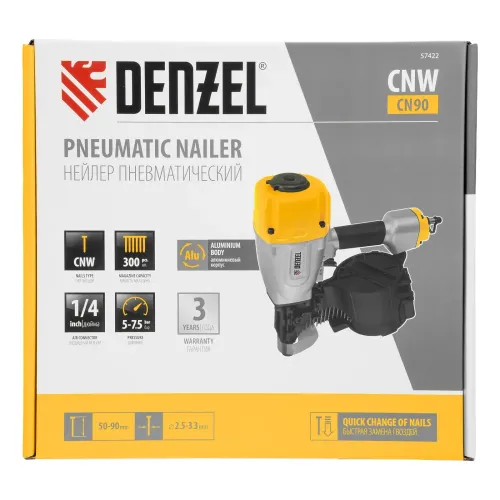 Нейлер пневматический CN90 для гвоздей CNW от 50 до 90 мм Denzel