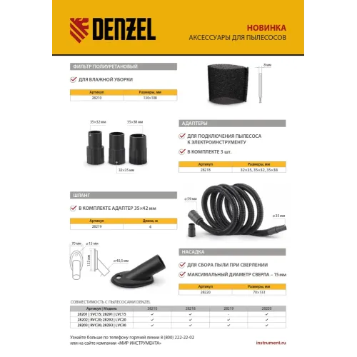 Шланг для пылесоса 4 м с адаптерами для Denzel RVC20, RVC30, LVC20, LVC30 Denzel